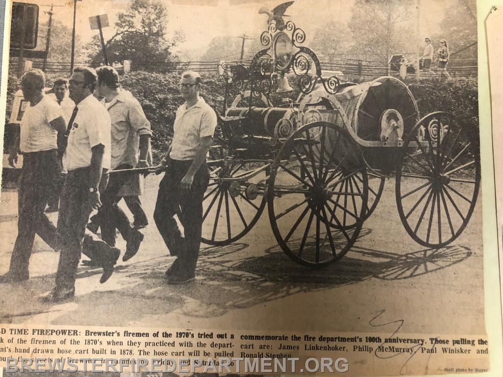 Photo #10
James Linkenhoker, Paul Winsker, Phil McMurray, and Ron Stephan practice pulling Hose Cart before 100th Anniversary Parade in 1970. 